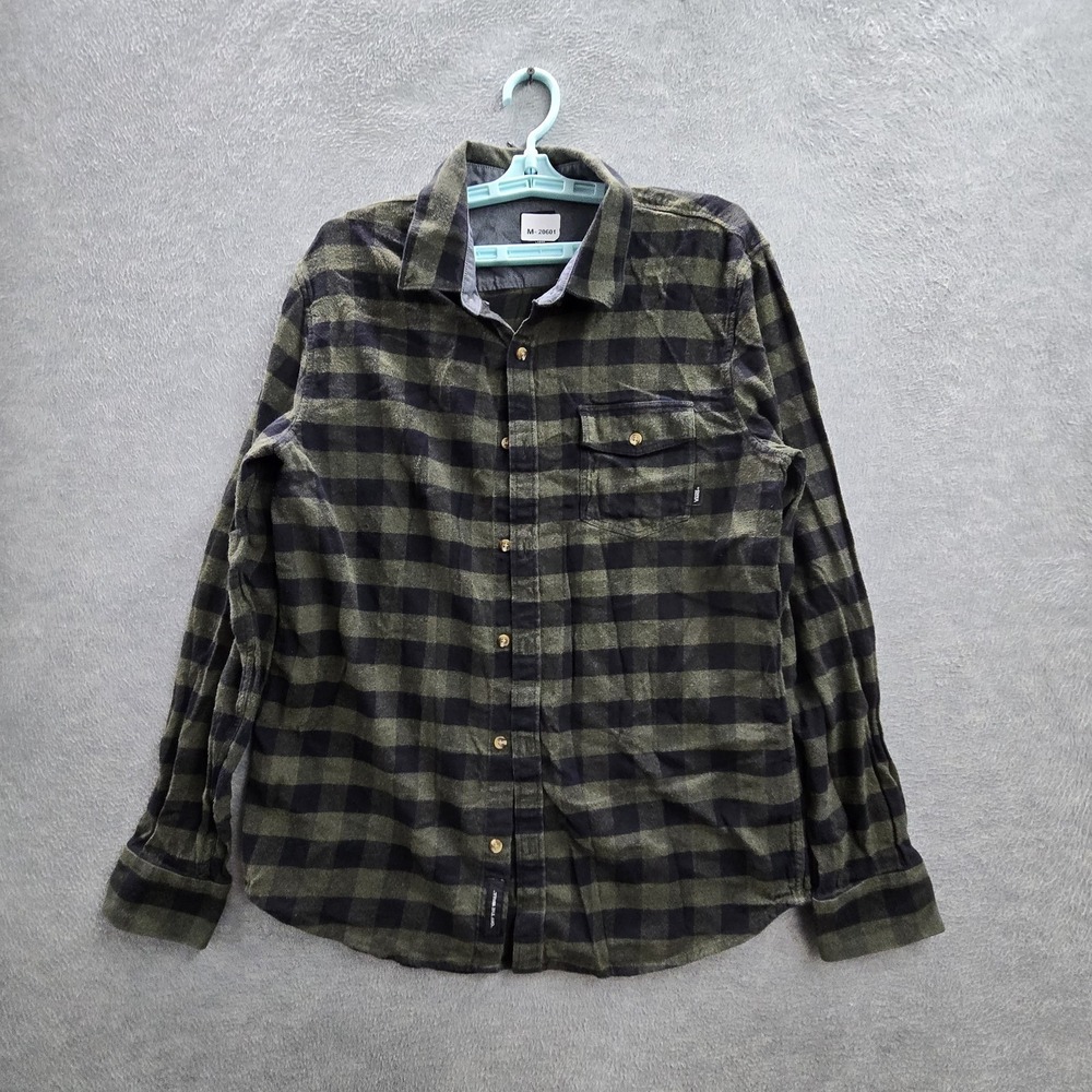 Vans Men Button Up Shirt LARGE Green Plaid Flannel Shirt Grunge Tailored Y2K